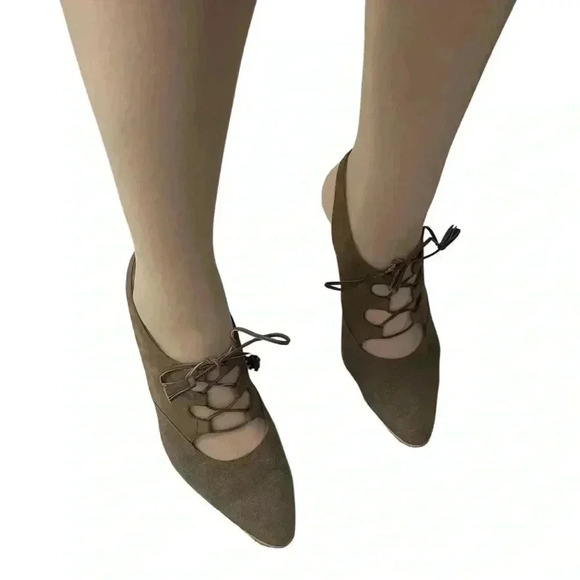 Vintage Salvatore Ferragamo Lace Up Suede Canvas Slingback Kitten Heels Beige - Picture 1 of 16